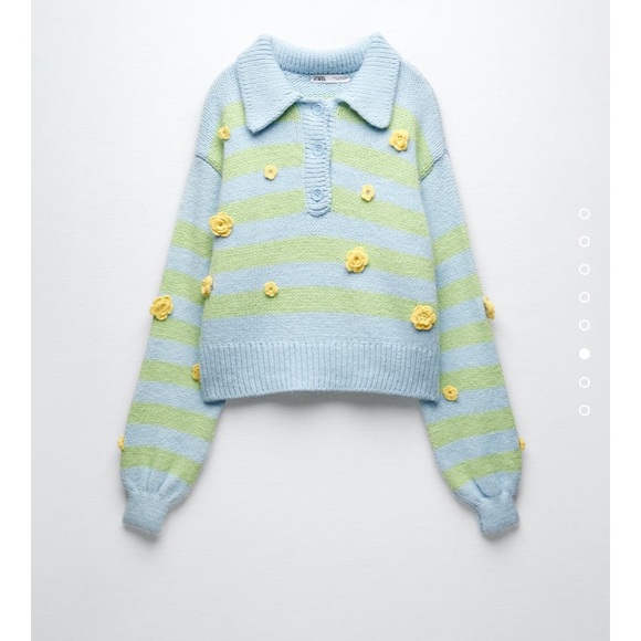 Zara Sweaters - Zara blue and yellow embroidered knit polo flower Sweater size large